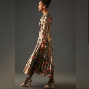 Anthropologie Caballero Deep V-Neck Floral Metallic Maxi Dress Small NWT